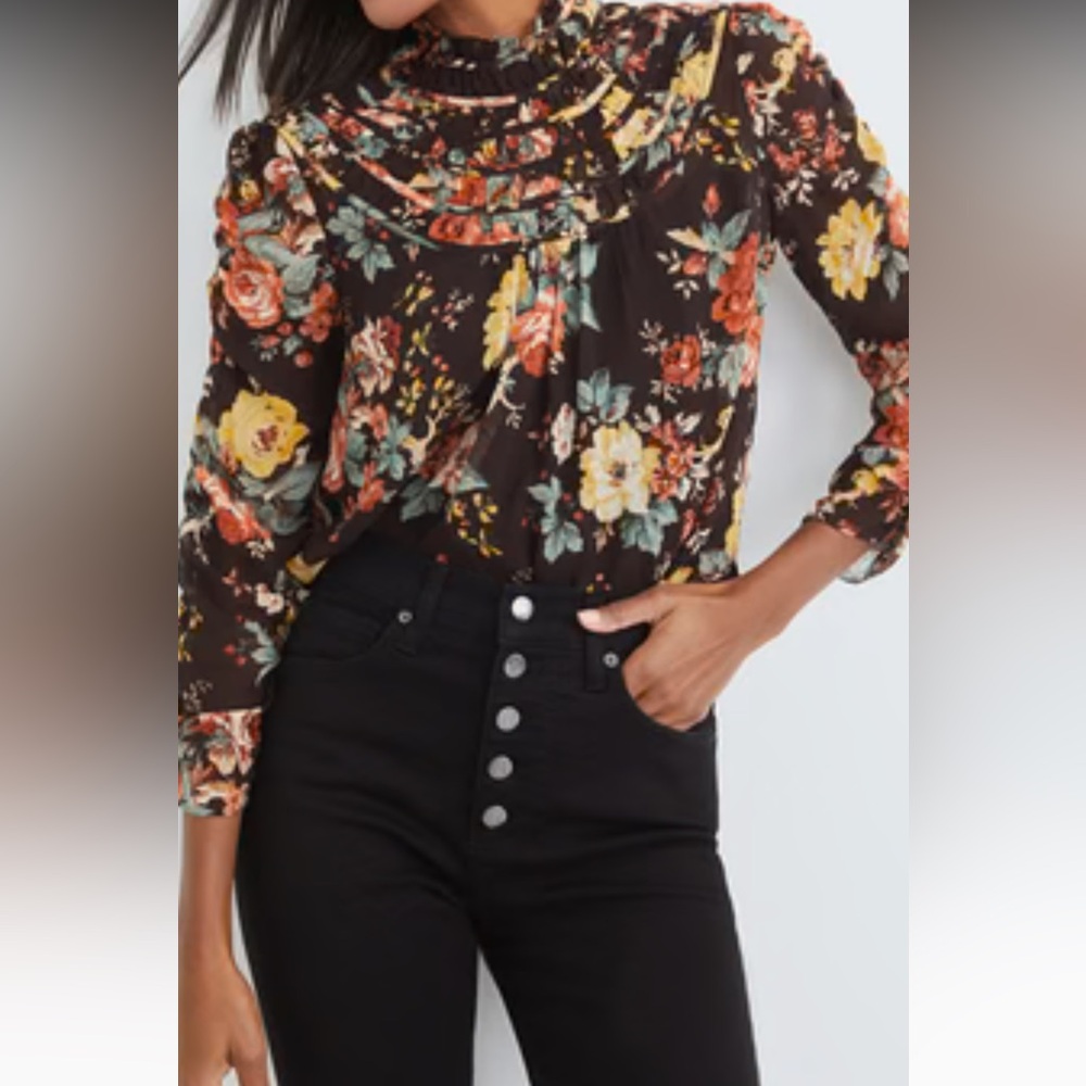 Veronica Beard Floral Blouse - Black, Red, Yellow, Green